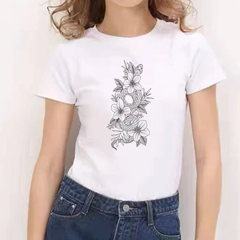 2021 Nove Ženske majice Ženske Vrhovi Tee Cvetje Grafika, Tiskanje Bele Majice Prevelik Dekleta T-srajce Moda Streetwears Slike 0
