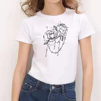 2021 Nove Ženske majice Ženske Vrhovi Tee Cvetje Grafika, Tiskanje Bele Majice Prevelik Dekleta T-srajce Moda Streetwears Slike 1