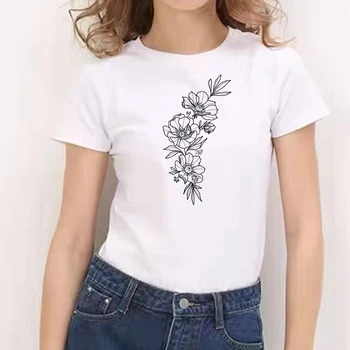 2021 Nove Ženske majice Ženske Vrhovi Tee Cvetje Grafika, Tiskanje Bele Majice Prevelik Dekleta T-srajce Moda Streetwears Slike 2