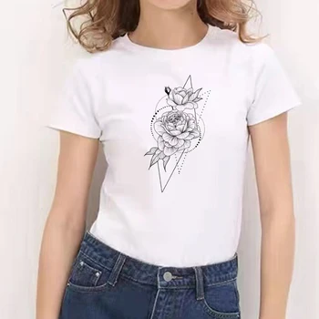 2021 Nove Ženske majice Ženske Vrhovi Tee Cvetje Grafika, Tiskanje Bele Majice Prevelik Dekleta T-srajce Moda Streetwears Slike 3