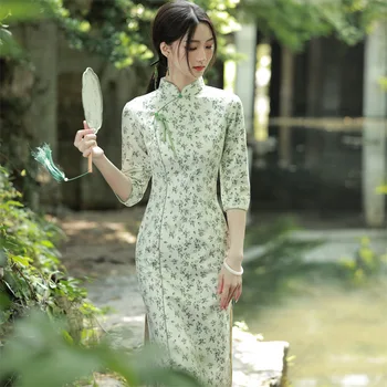 Sexy Elegantne Cvjetnim Natisne Antilop Mandarin Ovratnik Cheongsam Sedem Točk Rokav Qipao Kitajski Ženske Obleke