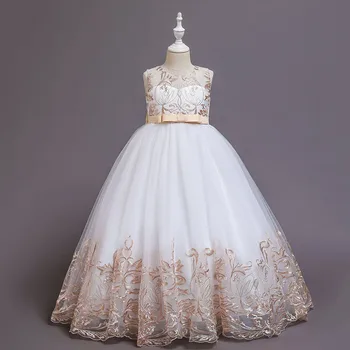 2020 Novo Otroško Obleko Bowknot Vezene Brez Rokavov Princesa Obleke Dolgo Eleganten Čipke Uspešnosti Obleko Dekleta Stranka Obleke