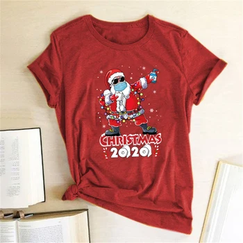 Priložnostne Svoboden T Majica Kratek Rokav Srčkan Vrhovi Tees Ženski Smešno Božič Santa Claus Nositi Masko Tiskanja Ženske Božič T-Shirt Slike 0