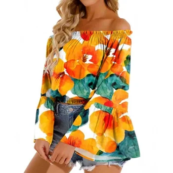 Jeseni Beach Slog Boho Cvetlični Tiskane Majice Ženske Off Ramenski Bluze za Ženske Dolgo Flare Rokav Priložnostne Svoboden Vrhovi Blusas Slike 4
