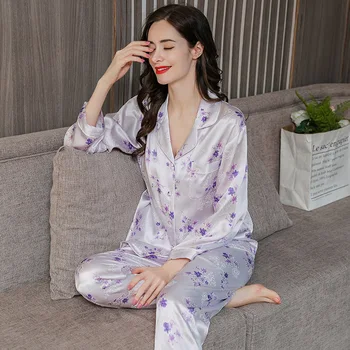 Čiste Svile Ženske Natisnjeni Pajama Nastavite Sleepwear Nightgown M, L, XL, 2XL XM008