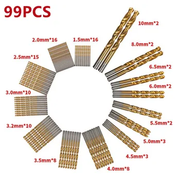 99PCS 1,5 mm-10 mm hitroreznega Jekla Titanium obložene Naravnost Kolenom Twist Drill Set Svedrov, sveder Les Luknjo Set