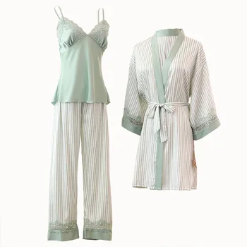3PCS Spanja Set Print Striped Pyjamas Seksi Čipke Pižamo bo Ustrezala Pomlad Novo Lady Domov Oblačila Intimno Perilo Saten Homewear