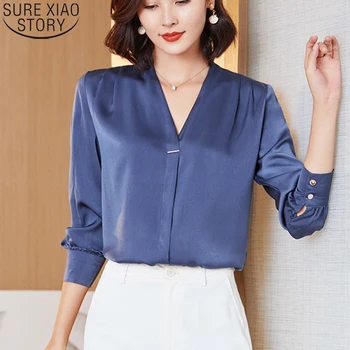 2022 Pomlad Moda za Ženske Bluzo Svoboden, Svoboden Ženske Vrhovi Novo Srajco z Dolgimi Rokavi Proti-vrat korejski Saten Bluzo Blusas Mujer 10853